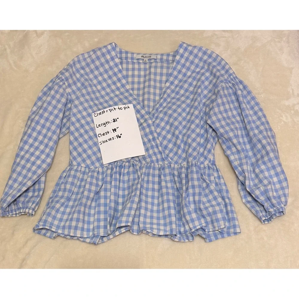 Madewell Gingham Peplum Top XS Blue White Bubble Puff Sleeve Faux Wrap‎ Blouse